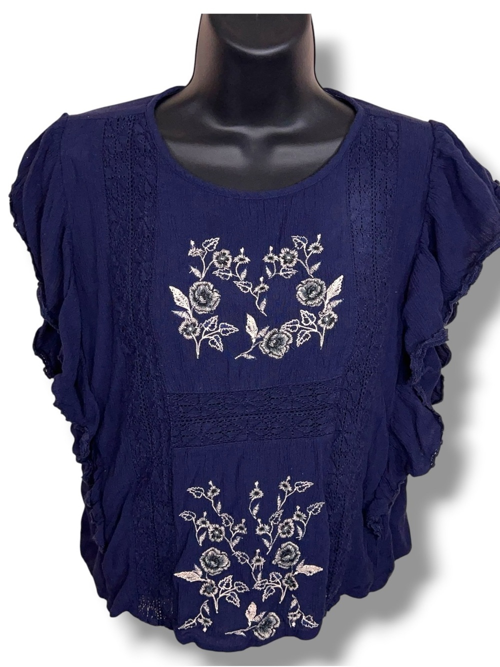 Small American Eagle Blue Beige Floral Embroidered Blouse Ruffle Peasant
